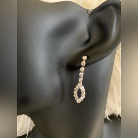 Claw Set Clear Rhinestone Silver Tone Dangle Loop Screw Back Dainty Earrings. - Picture 3 of 9